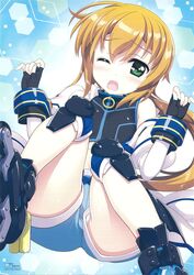  blonde_hair character_request cosplay cropped_jacket fingerless_gloves fujima_takuya gloves green_eyes highres ixveria jacket knee_pads lyrical_nanoha magical_girl mahou_shoujo_lyrical_nanoha_vivid midriff non-web_source official_art one_eye_closed open_clothes open_jacket panties pantyshot shorts sitting subaru_nakajima subaru_nakajima_(cosplay) underwear white_panties 