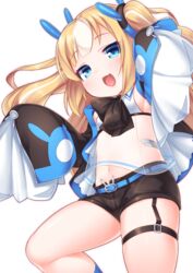  :d arm_up azur_lane belt belt_buckle blonde_hair blue_belt blue_eyes blue_socks blush brown_dress brown_shorts buckle commentary_request dress female hair_ornament head_tilt highres jacket kalk_(azur_lane) kirisame_mia kneehighs long_hair long_sleeves looking_at_viewer multicolored_hair navel open_clothes open_jacket open_mouth see-through shirt short_shorts shorts simple_background skindentation sleeveless sleeveless_shirt sleeves_past_fingers sleeves_past_wrists smile socks solo streaked_hair thigh_strap two_side_up very_long_hair white_background white_hair white_shirt wide_sleeves 