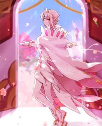  android bracelet cape code:_esencia_(elsword) commentary_request double_bun dress elsword eve_(elsword) facial_mark female forehead_jewel grey_hair hair_bun inna jewelry looking_back pink_theme smile sparkle tiara tree veil yellow_eyes 