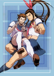  2boys beard buuo_(mido) commentary_request crossdressing double_v facial_hair long_hair lu_bu male_focus midriff multiple_boys muscular navel ponytail school_uniform serafuku shin_sangoku_musou skirt v zhang_liao 