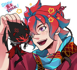  2boys anger_vein bad_id bad_pixiv_id bakumatsu_rock crow_(show_by_rock!!) hedgehog japanese_clothes looking_at_another multiple_boys purple_eyes red_hair sakamoto_ryouma_(bakumatsu_rock) samurai10932 show_by_rock!! simple_background smile swatting taniyama_kishou voice_actor_connection white_background 