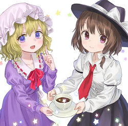  2girls ama-tou blonde_hair brown_hair coffee commentary_request cup dress foxfactory hat hat_ribbon juliet_sleeves long_sleeves looking_at_viewer maribel_hearn mob_cap multiple_girls necktie open_mouth puffy_sleeves purple_dress purple_eyes ribbon shirt skirt smile star_(symbol) teacup touhou usami_renko 