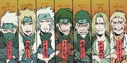  6+boys armor artist_request black_hair blonde_hair breasts cleavage column_lineup crossed_arms facial_hair facial_mark forehead_mark forehead_protector fur_trim goatee half_mask hatake_kakashi looking_at_viewer multiple_boys namikaze_minato naruto naruto:_the_last naruto_gaiden naruto_shippuuden sarutobi_hiruzen scar senju_hashirama senju_tobirama spiked_hair tsunade uzumaki_naruto whiskers white_hair 