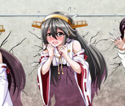  bare_shoulders black_hair blush brown_eyes crack cracked_wall detached_sleeves flying_sweatdrops full-face_blush hair_between_eyes hair_ornament hairband hairclip haruna_(kantai_collection) headgear japanese_clothes kabe_ni_hamatte_ugokenai! kantai_collection kongou_(kantai_collection) long_hair long_sleeves motion_lines multiple_girls nontraditional_miko open_mouth parody remodel_(kantai_collection) ribbon-trimmed_sleeves ribbon_trim short_hair stuck through_wall tk8d32 wall wide_sleeves 