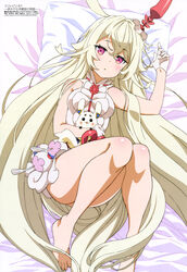  absurdres ass bare_legs barefoot bed_sheet black_eyes blonde_hair blush body_blush breasts choko_(last_period) creature dress female gloves hair_between_eyes highres knees_together_feet_apart last_period long_hair looking_at_viewer lying magazine_scan medium_breasts megami_magazine miu_(last_period) official_art parted_lips pillow pink_eyes sakamoto_tetsuya scan sleeveless sleeveless_dress tail very_long_hair white_dress white_gloves 