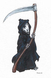  animal_skeleton artist_name bone cloak creature death_of_rats discworld full_body holding holding_weapon hollow_eyes hood hooded_cloak no_humans pika-la-cynique scythe simple_background skeleton weapon white_background 