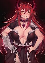  absurdres airomed blush borrowed_character breasts cleavage collar fangs female gauntlets hair_between_eyes hands_on_own_hips highres horns large_breasts long_hair looking_at_viewer original osiimi red_hair single_gauntlet smile yellow_eyes 