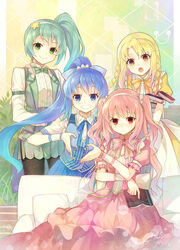  4girls bad_id bad_pixiv_id balala_the_fairies beibei black_legwear blonde_hair blue_eyes blue_hair book book_stack bow bowtie braid chestnut_mouth collared_shirt commentary_request couch cushion dated dress green_eyes green_hair grin hair_ribbon hairband heart heart_hands heart_hands_duo heiwari_kanade highres holding holding_book light_particles ling_meiqi ling_meixue long_hair long_sleeves looking_at_viewer multiple_girls neck_ribbon on_couch open_mouth pantyhose photoshop_(medium) pink_hair ponytail puffy_short_sleeves puffy_sleeves red_eyes ribbon sash shirt short_sleeves siblings side_ponytail signature sisters sitting skirt smile standing twin_braids two_side_up very_long_hair vest wrist_cuffs xiao_lan yellow_eyes 