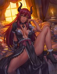  absurdres airomed bed borrowed_character breasts breasts_apart collar female gauntlets highres horns large_breasts long_hair looking_at_viewer no_bra on_bed original parted_lips pelvic_curtain pillow red_hair single_gauntlet sitting slit_pupils smile solo speh spread_legs thighs third-party_source yellow_eyes 