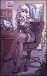  black_thighhighs breasts business_suit cleavage commentary crossed_legs english_commentary felarya female formal glasses high_heels highres karbo large_breasts legs long_hair photoshop_(medium) purple_eyes silver_hair solitaire solo suit thighhighs vivian_(karbo) zettai_ryouiki 