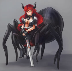  airomed arachne arceonn armor arthropod_girl bikini_armor borrowed_character breasts bridgeless_bra choker cleavage demon_horns female full_body gauntlets gloves grey_background high_collar highres holding holding_sword holding_weapon horns jewelry large_breasts light_smile long_hair looking_at_viewer monster_girl monsterification multiple_legs navel necklace original own_hands_together pauldrons pendant planted planted_sword red_hair runes shoulder_armor single_gauntlet single_glove slit_pupils solo spider_girl standing sword taur weapon yellow_eyes 