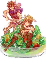  2boys blonde_hair brown_hair caesar_anthonio_zeppeli facial_mark food fork jojo_no_kimyou_na_bouken joseph_joestar joseph_joestar_(young) ktttttttttt male_focus midriff multiple_boys name_connection pun salad salad_dressing scarf tegaki 