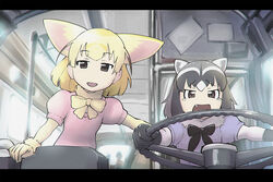  2girls animal_ears black_hair blonde_hair bow bowtie brown_eyes bus chromatic_aberration commentary common_raccoon_(kemono_friends) driving fennec_(kemono_friends) fox_ears gloves grey_hair interior kemono_friends motor_vehicle movie_reference multicolored_hair multiple_girls no_nose oerba_yun_fang open_mouth parody puffy_sleeves raccoon_ears short_hair short_sleeves smile speed steering_wheel tears ueyama_michirou white_hair 