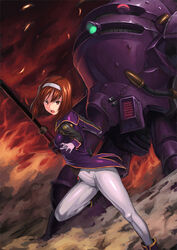  bad_id bad_pixiv_id battle brown_eyes brown_hair female fire gloves hairband kanzaki_sumire koubu mecha military military_uniform momoto open_mouth photoshop_(medium) robot sakura_taisen short_hair smoke solo uniform 