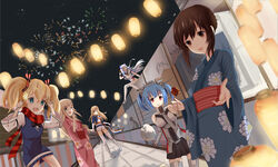  6+girls absurdres akagi_(warship_girls_r) alternate_costume candy candy_apple closed_mouth commentary_request cotton_candy dutch_angle festival fireworks floating_hair floral_print food glowworm_(warship_girls_r) hand_on_own_chin highres holding holding_hands japanese_clothes kimono lantern le_fantasque_(warship_girls_r) lexington_(warship_girls_r) lollipop long_hair looking_at_another looking_at_viewer looking_away looking_back multiple_girls night night_sky oerba_yun_fang open_mouth outdoors outstretched_hand outstretched_leg paper_lantern photoshop_(medium) prinz_eugen_(warship_girls_r) richelieu_(warship_girls_r) road short_hair sitting sitting_on_object sky smile star_(sky) starry_sky summer_festival tied_hair v vanishing_point wand warship_girls_r yesheng_yaomeng yukata 