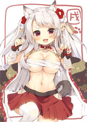  :d animal_ears asa_(swallowtail) azur_lane bandaged_arm bandages black_kimono blush breasts bridal_gauntlets budget_sarashi claw_pose cleavage collar collarbone commentary_request female fingernails flower grey_hair hair_flower hair_ornament hands_up head_tilt heart japanese_clothes kimono large_breasts long_fingernails long_hair looking_at_viewer nail_polish navel oerba_yun_fang official_alternate_costume open_clothes open_kimono open_mouth panties pleated_skirt print_kimono red_collar red_eyes red_flower red_nails red_skirt sarashi side-tie_panties signature skirt smile solo tail thick_eyebrows thighhighs underwear very_long_hair white_flower white_panties white_thighhighs wolf_ears wolf_girl wolf_tail yuudachi_(azur_lane) yuudachi_(shogun_of_snowballs)_(azur_lane) 