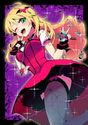  ;d bad_id bad_pixiv_id blonde_hair costume female fingerless_gloves gloves green_eyes hoshii_miki idolmaster idolmaster_(classic) jewelry long_hair mery-chan microphone my_dear_vampire_(idolmaster) necklace one_eye_closed open_mouth print_thighhighs smile solo spider_web_print thighhighs 