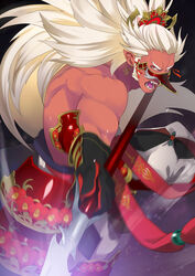  1boy armor colored_skin commentary_request fangs gold_trim highres incoming_attack japanese_armor long_hair male_focus mask oni open_mouth orange_eyes original pointy_ears polearm ponytail red_oni red_skin samurai10932 sideburns solo spear weapon white_hair yari 