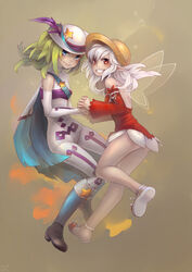  2girls bad_id bad_pixiv_id blue_eyes detached_sleeves elbow_gloves fairy_wings gloves green_hair hat highres multiple_girls red_eyes seguchi-sama wakfu white_hair wings 