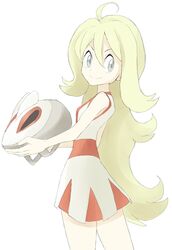  ahoge bare_shoulders blonde_hair blue_eyes green_eyes gym_leader hair_down headwear_removed helmet helmet_removed koruni_(pokemon) long_hair nintendo pokemon pokemon_(game) pokemon_xy smile souji 