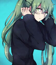  bandaid commentary_request female green_eyes green_hair hatsune_miku long_hair ringomaru rolling_girl_(vocaloid) solo twintails vocaloid 