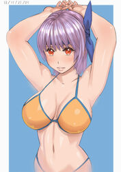  armpits arms_behind_head arms_up ayane_(doa) bikini blush breasts commentary_request dated dead_or_alive female headband large_breasts looking_at_viewer purple_hair red_eyes short_hair smile solo swimsuit yellow_bikini zenkou 