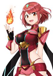  armor breasts commentary_request covered_navel earrings female fingerless_gloves fire gloves headpiece highres jewelry large_breasts looking_at_viewer midriff_peek open_mouth pyra_(xenoblade) red_eyes red_hair red_shorts rurie_(lourie) short_hair shorts shoulder_armor simple_background solo swept_bangs tiara white_background xenoblade_chronicles_(series) xenoblade_chronicles_2 