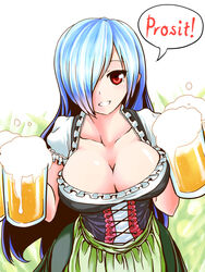  alcohol apron beer blue_hair breasts cleavage collarbone commentary_request corset cup dirndl dress ebiko_ebi female german_clothes german_text gradient_hair hair_over_one_eye large_breasts long_hair looking_at_viewer mug multicolored_hair oktoberfest red_eyes smile solo teeth translated underbust very_long_hair viprpg 