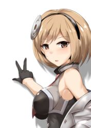  bare_shoulders between_breasts black_gloves black_hairband blush breasts brown_eyes brown_hair commentary_request djeeta_(granblue_fantasy) doctor_(granblue_fantasy) female gloves granblue_fantasy grey_jacket hairband half_gloves hand_up jacket large_breasts looking_at_viewer looking_to_the_side necktie necktie_between_breasts off_shoulder parted_lips red_necktie rumiya9i shadow shirt sleeveless sleeveless_shirt smile solo upper_body v white_background 