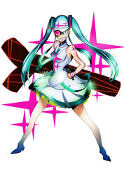  aqua_eyes aqua_hair blonde_hair commentary_request cosplay female grin hakodate_omiko hakodate_omiko_(cosplay) hatsune_miku highres kill_la_kill long_hair microphone nyantyubosi racket scope sharp_teeth smile teeth twintails visor vocaloid 