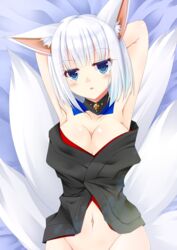  animal_ear_fluff animal_ears armpits arms_up azur_lane bad_id bad_pixiv_id bare_arms bare_shoulders black_kimono blue_eyes blush breasts cleavage collarbone commentary_request female fox_ears fox_girl fox_tail groin head_tilt japanese_clothes kaga_(azur_lane) kimono kitsune large_breasts looking_at_viewer lying navel noname_(reticulian) on_back out-of-frame_censoring parted_lips short_hair short_kimono solo tail white_hair 