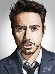  1boy black_hair brown_eyes commentary_request facial_hair highres just1ce male_focus moustache necktie portrait real_life real_life_insert robert_downey_jr. safety_pin solo 