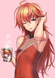  androgynous bare_arms bare_shoulders character_print coffee_mug cup dress fate/grand_order fate_(series) hair_ornament hand_in_hair long_hair looking_at_viewer male_focus mug one_eye_closed otoko_no_ko rama_(fate/grand_order) red_dress red_eyes red_hair revision shijiu_(adamhutt) sita_(fate/grand_order) solo twintails upper_body very_long_hair 