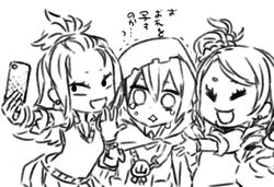  1boy 2girls cellphone chibi hood kogal miwa_shirou monochrome multiple_girls open_mouth phone self_shot short_hair simple_background smartphone tears touken_ranbu translation_request trembling white_background yamanbagiri_kunihiro 