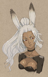  animal_ears bad_deviantart_id bad_id bankage breasts choker cleavage dark-skinned_female dark_skin eyebrows female final_fantasy final_fantasy_xii fran_(ff12) lips long_hair medium_breasts ponytail rabbit_ears red_eyes solo upper_body viera white_hair 