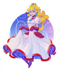  blonde_hair blue_eyes breasts commentary crown dress earrings elbow_gloves english_commentary female fire_flower fire_peach gloves jewelry long_dress long_hair mario_(series) medium_breasts one_eye_closed photoshop_(medium) princess_peach skirt_hold smile solo sphere_earrings super_mario_3d_world waterwalker98 