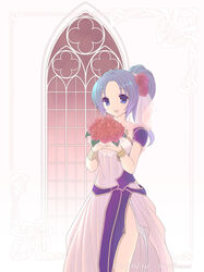  :d artist_name blue_eyes blue_hair bouquet commentary_request dated dress estpolis_denki estpolis_denki_ii female flower framed hair_flower hair_ornament high_ponytail holding kuricoronet open_mouth red_flower red_rose rose see-through selan side_slit smile solo white_dress window 