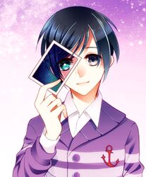  1boy anchor_symbol aqua_eyes bad_id bad_pixiv_id bishounen black_hair diamond-shaped_pupils diamond_(shape) gradient_background grey_eyes heterochromia holding jewelic_nightmare lionrose lowres male_focus photo_(object) purple_background purple_shirt shirt smile solo sumihara_aoshi symbol-shaped_pupils white_background 