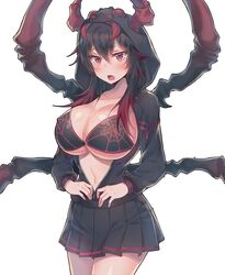  arthropod_girl arthropod_limbs bad_id bad_twitter_id bikini bikini_under_clothes black_hair blush breasts female g.t gradient_hair hood hood_up hooded_spider_girl_(arachnia) hoodie huge_breasts long_hair long_sleeves monster_girl multicolored_hair open_mouth original pleated_skirt red_eyes red_hair red_stripes simple_background skirt solo spider_girl spider_web_print swimsuit unzipped white_background zipper 