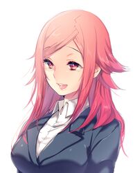  :d breasts collared_shirt commentary_request eyebrows eyelashes female jacket kunichika_yuu large_breasts long_hair open_mouth parted_bangs pepper_fever pink_eyes pink_hair shirt simple_background smile solo upper_body white_background white_shirt world_trigger 