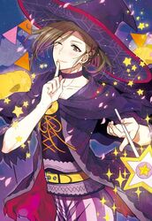  1boy ;) brown_hair hat hoshimaru_daichi idolmaster idolmaster_side-m looking_at_viewer male_focus one_eye_closed ponytail protected_link smile solo wand watanabe_minori wizard_hat 