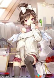  apple bare_shoulders between_legs black_thighhighs blush bow brown_hair bust_(sculpture) clipboard cocorip collared_shirt commentary_request company_name copyright_name copyright_notice covering_own_mouth easel feathered_wings female food frigg fruit hairbow hand_between_legs hand_up holding holding_paintbrush korean_commentary mini_wings off-shoulder_sweater off_shoulder paint paintbrush pink_eyes plaid plaid_skirt pleated_skirt qurare_magic_library red_apple ribbed_sweater sculpture shirt short_hair sitting skindentation skirt sleeveless sleeveless_shirt sleeves_past_wrists solo sweater thighhighs watermark white_bow white_wings window wings 