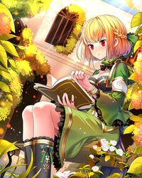  arch armband bad_id bad_pixiv_id bench black_bow black_bowtie black_socks blonde_hair blunt_bangs blush book bow bowtie bracelet braid breasts brick_wall building closed_mouth day dress dutch_angle eyebrows female floral_print flower french_braid frilled_bow frills frown grass green_bow green_dress hairbow holding holding_book jewelry kneehighs large_breasts leaf light_particles long_sleeves mackintosh_rose miemia official_art open_book outdoors photoshop_(medium) pinky_ring plant reading ring rose rose_print short_hair sitting sky socks solo stenciled_rose sunlight tenkuu_no_crystalia white_flower white_rose wide_sleeves window 