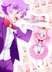  1boy aroma_(go!_princess_precure) aroma_(go!_princess_precure)_(human) brother_and_sister butler commentary_request female go!_princess_precure highres long_hair maid mikan_(mikataaaa) personification pink_hair precure puff_(go!_princess_precure) puff_(go!_princess_precure)_(human) purple_hair siblings 