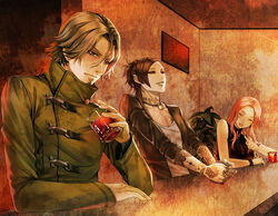  2boys black_hair black_jacket black_shirt brown_hair closed_eyes coat commentary_request cup drinking_glass female green_coat head_tilt holding holding_cup indoors itori_(tokyo_ghoul) jacket jewelry long_hair multiple_boys necklace photoshop_(medium) pink_hair red_eyes shirt sitting sleeveless sleeveless_shirt smile tattoo tokyo_ghoul upper_body uta_(tokyo_ghoul) white_shirt wuyiwu yomo_renji 