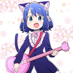  animal_ears bad_id bad_pixiv_id bell blue_eyes blue_hair blush bow cat_ears cat_girl cat_tail cyan_(show_by_rock!!) dress drill_hair female guitar heart heart_guitar instrument jingle_bell maid_headdress nekotoufu oerba_yun_fang short_hair show_by_rock!! smile solo strawberry_heart_(show_by_rock!!) tail 