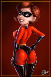  14-bis 1girls 2007 ass brown_eyes brown_hair disney elastigirl female female_only gloves helen_parr hourglass_figure human looking_at_viewer looking_back milf pixar smile smooth_skin solo solo_female the_incredibles 