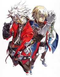  2boys belt black_gloves black_pants blazblue blonde_hair gloves green_eyes hand_on_hilt heterochromia high_collar highres ishiwatari_daisuke jacket jin_kisaragi military military_uniform multiple_belts multiple_boys official_art pants perspective photoshop_(medium) ragna_the_bloodedge red_eyes red_jacket spiked_hair uniform white_gloves white_hair yukianesa 