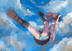  ass blue_eyes brown_hair cloud cometch commentary_request day falling female foreshortening kneehighs loafers long_hair midair original panties pantyshot school_uniform shoes skirt sky socks solo underwear upskirt 