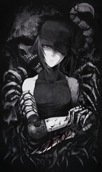  bare_shoulders blood blood_on_hands blood_on_weapon blood_splatter bone braid commentary dagger dark_background elbow_pads female fingerless_gloves gloves greyscale head_tilt helevu hetza_(hellshock) holding holding_weapon hood knife looking_at_viewer md5_mismatch monochrome original resolution_mismatch scorpion scorpion_tattoo shoulder_tattoo skull sleeveless solo source_larger tattoo turtleneck upper_body weapon 